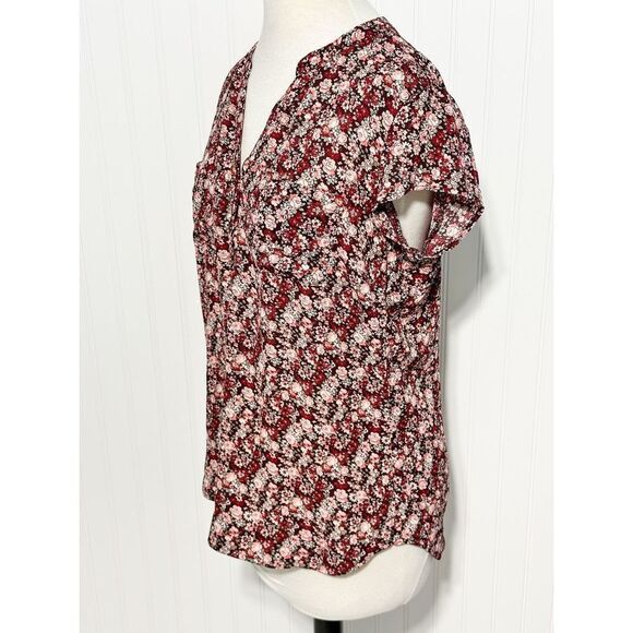 Soho New York‎ & Company Women's Floral Split V-neck 3-Button Blouse Red Medium - Picture 6 of 11